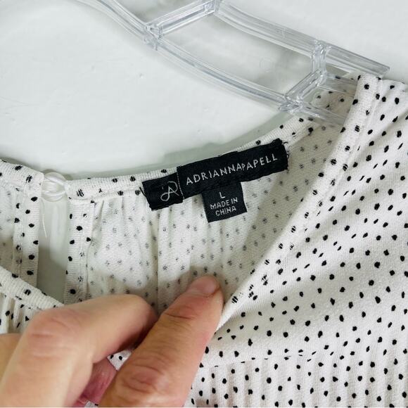 Adrianna Papell white black polka dot ruffle pleated stretch blouse top large - Picture 5 of 8